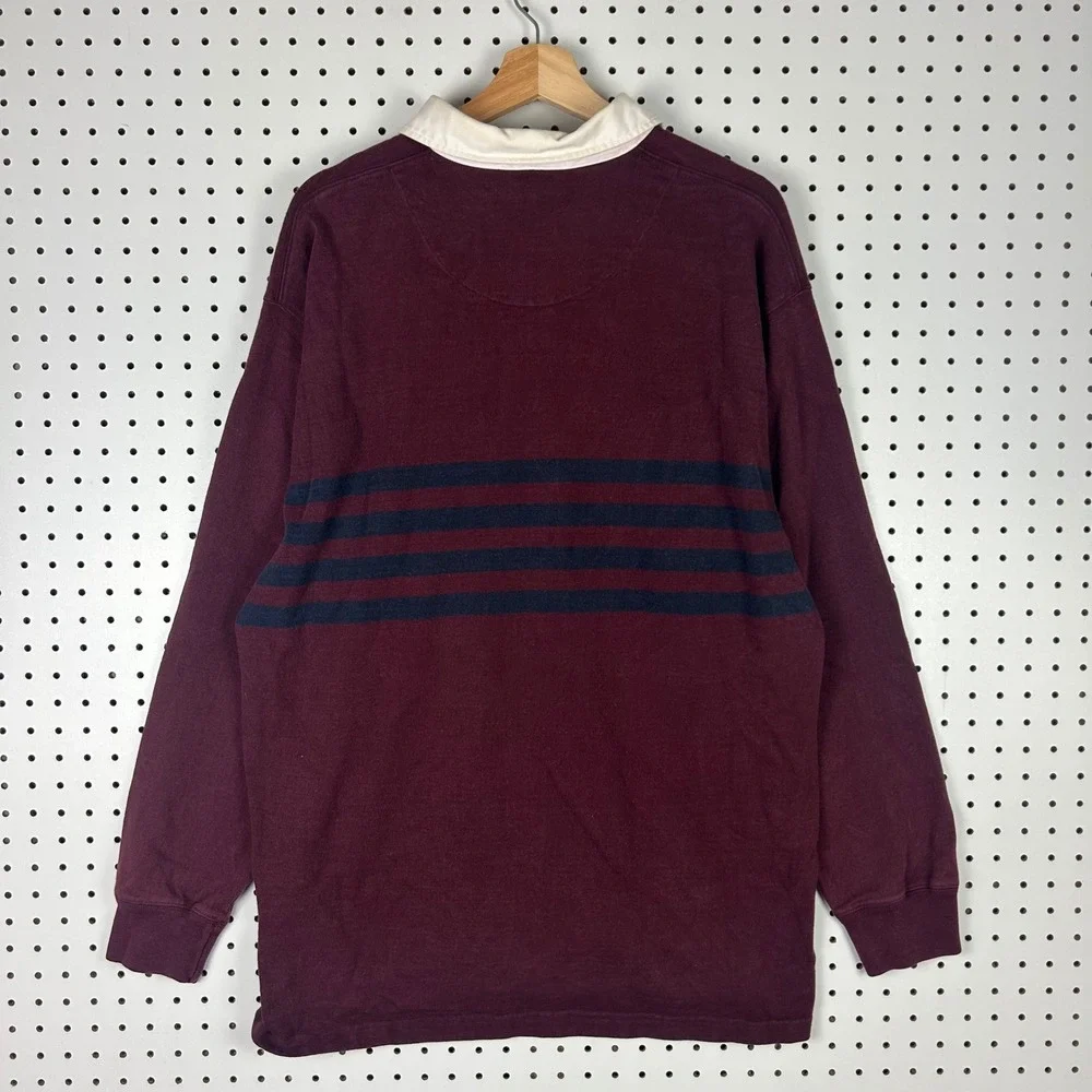 Polo Ralph Lauren Large Rugby Shirt Maroon Navy Blue Striped Long Sleeve Cotton